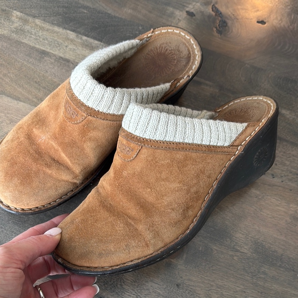 Tan and Cream Suede Mules with Knitted Trim
